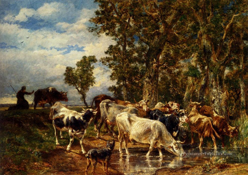 Troupeau De Vaches à L Abreuvoir animalier Charles Émile Jacque Peintures à l'huile